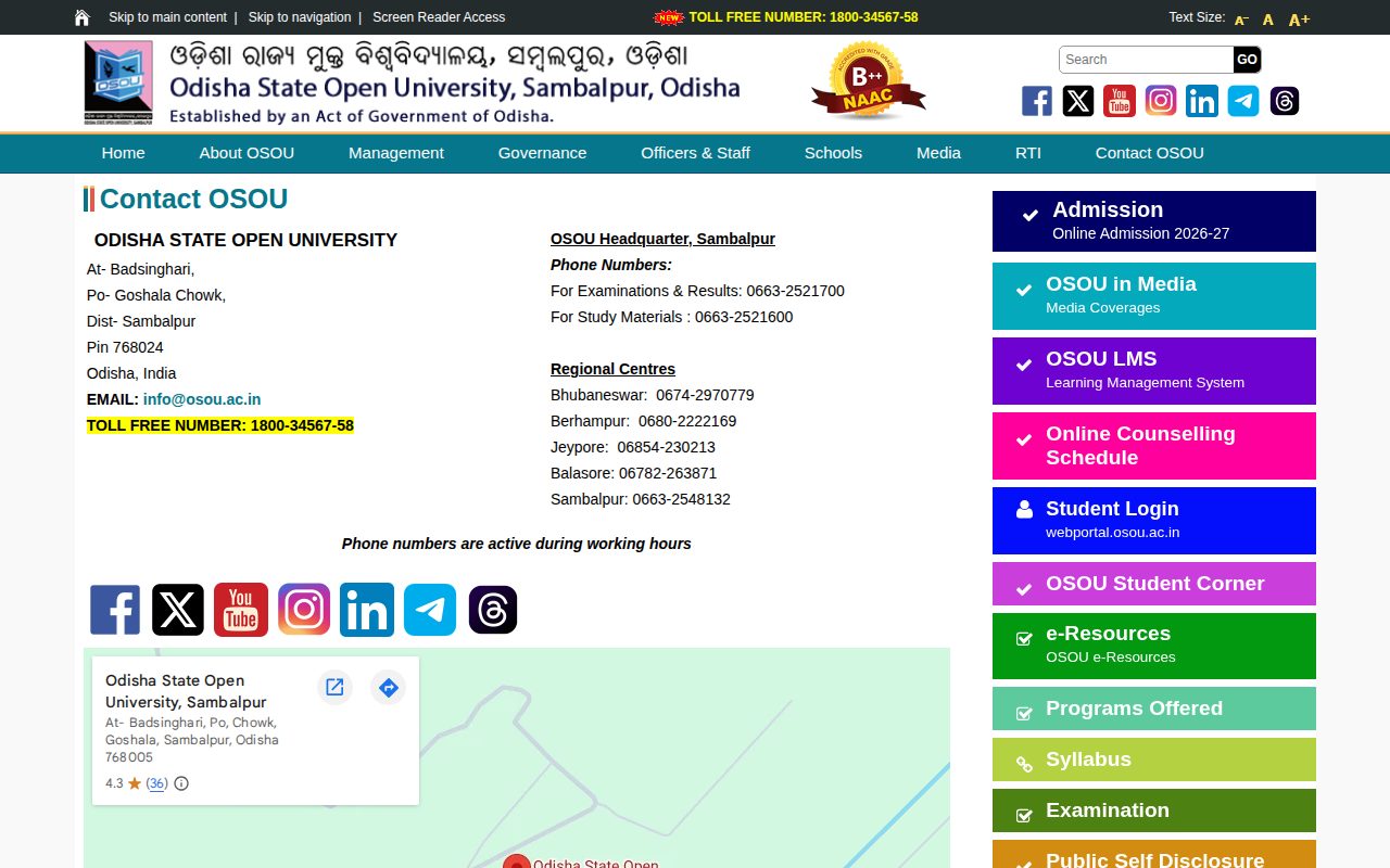 Official OSOU page on osou.ac.in: view official contact details of OSOU