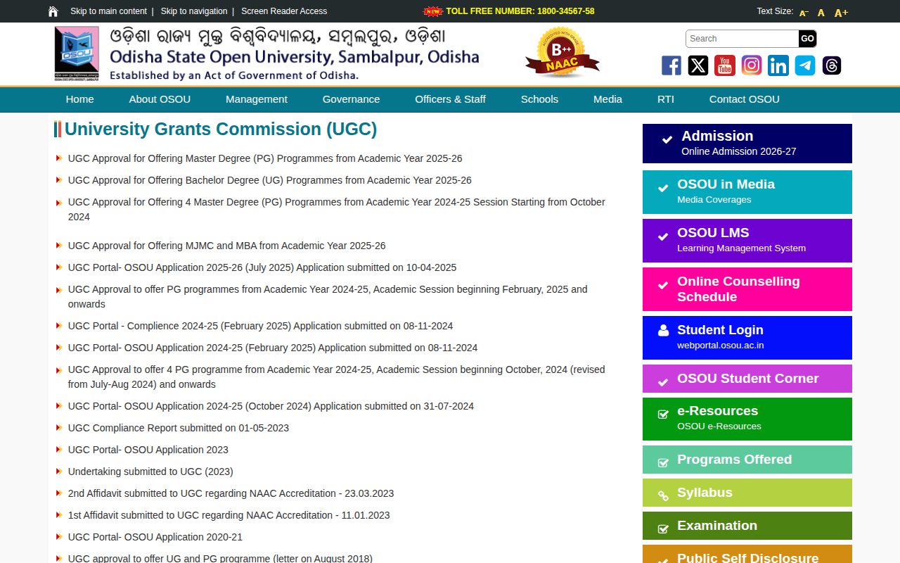 Official OSOU page on osou.ac.in: view UGC recognition details