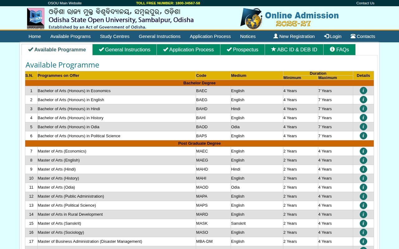 Official OSOU page on onlineadmission.osou.ac.in: register on the online admission portal