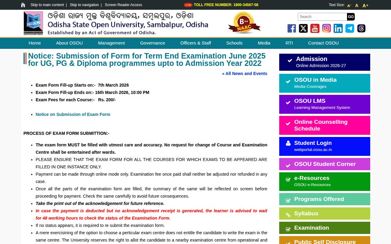 Official OSOU page on osou.ac.in: check term end examination notices and fillup form