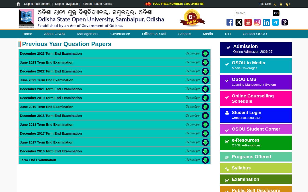 Official OSOU page on osou.ac.in: access old term end question papers