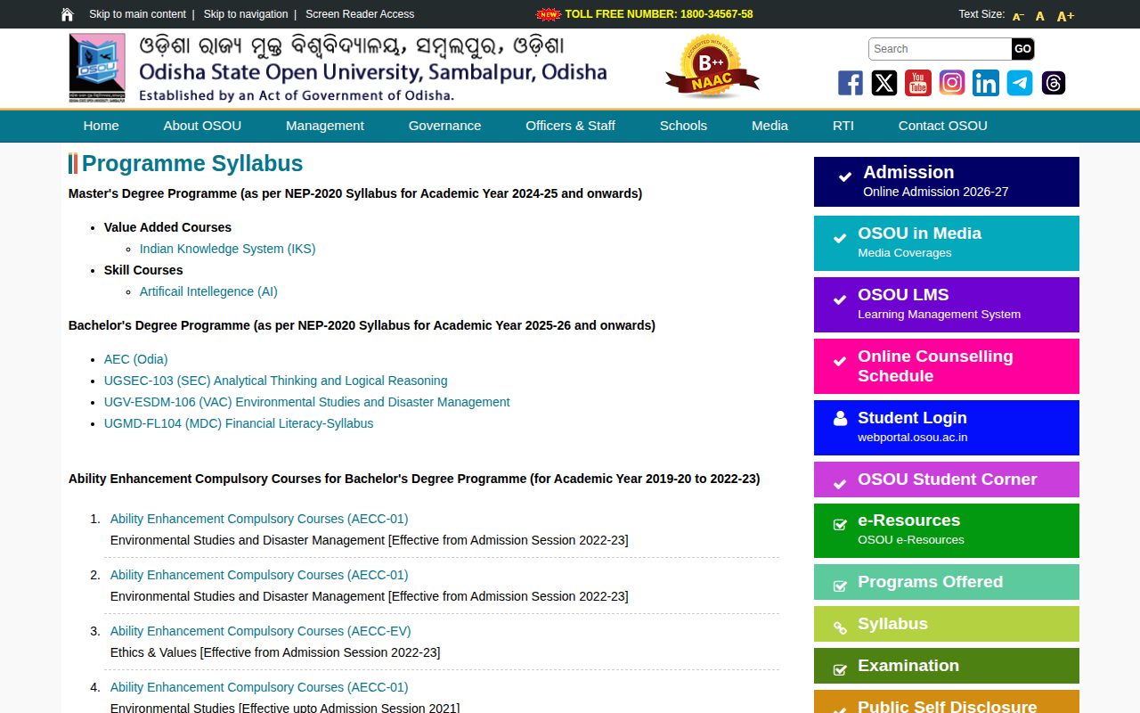 Official OSOU page on osou.ac.in: download official course syllabus PDFs